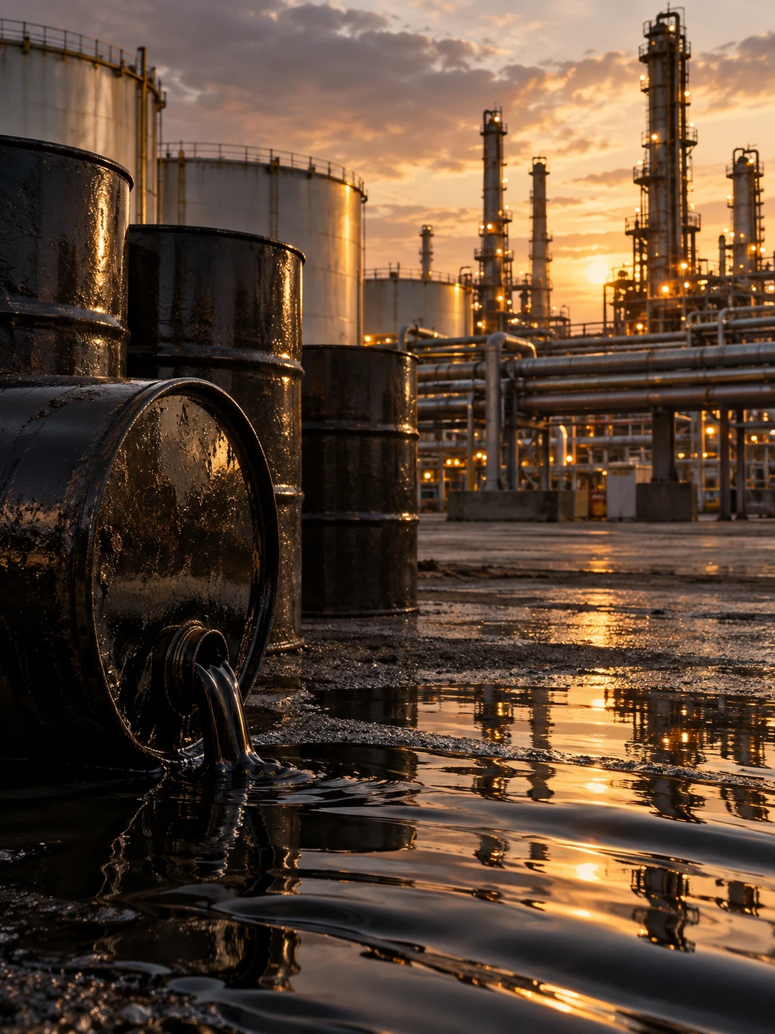 Fuel oil barrels and refinery at sunset