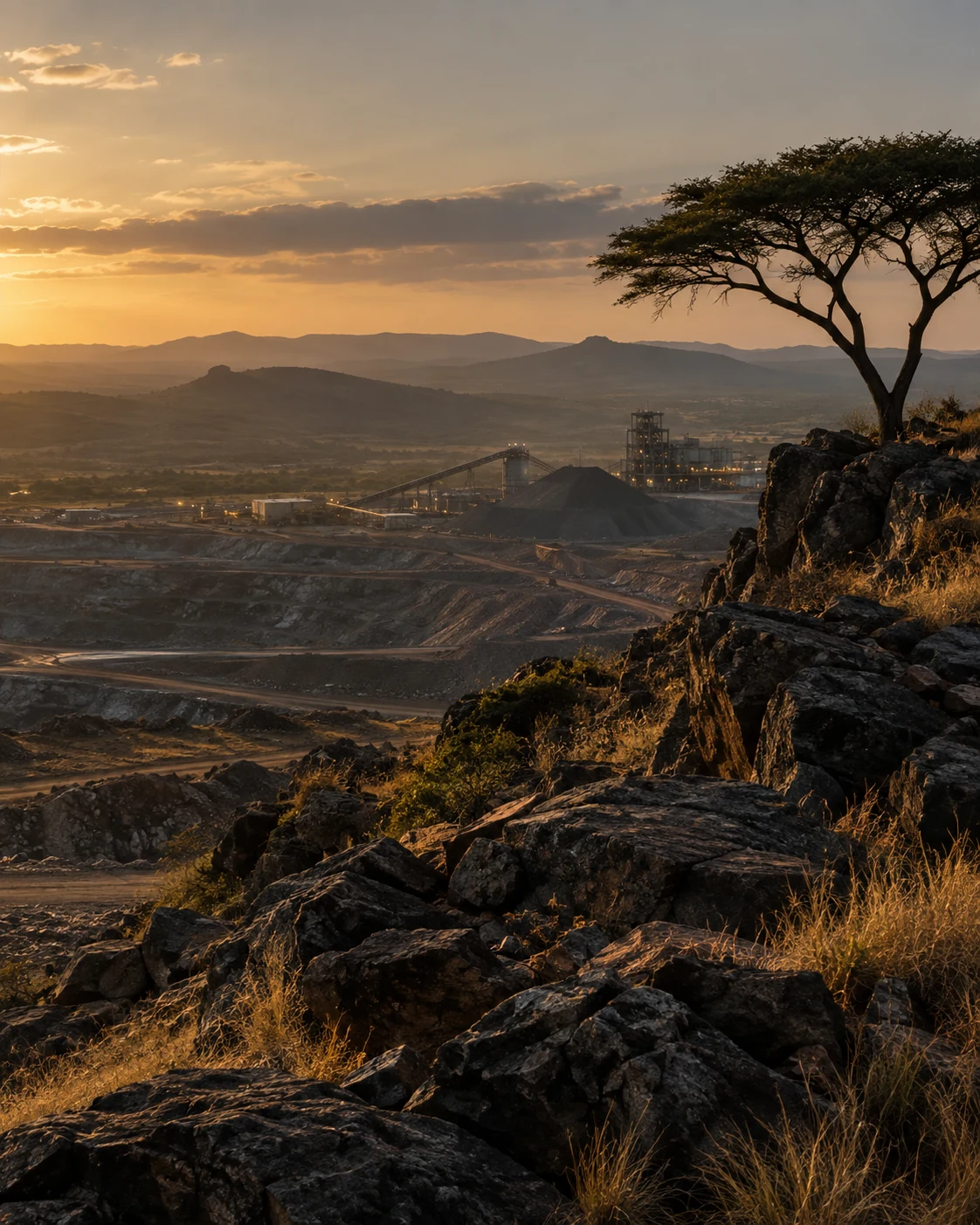 Zambian mineral landscape and mining infrastructure at sunset